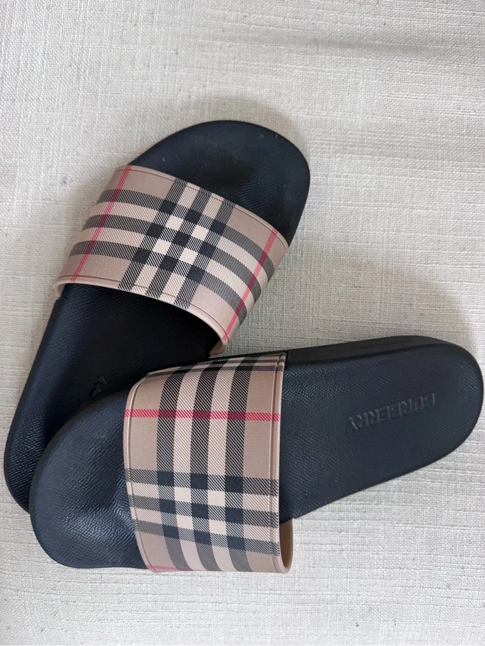 Burberry Black Slides with Beige Nova Check Strap - Picture 3 of 4